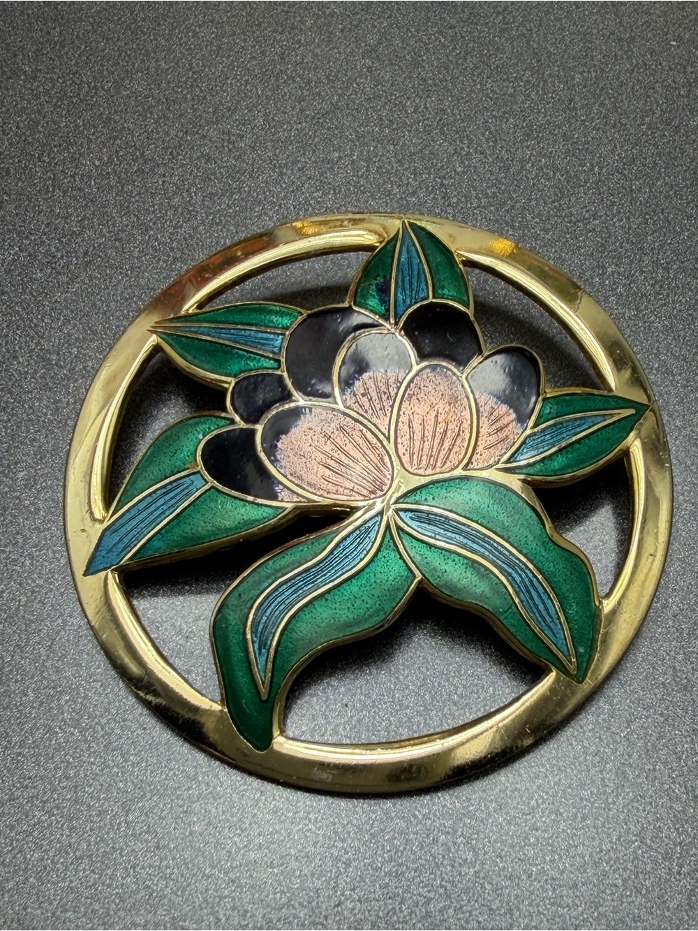 Vintage Floral Cloisonné brooch in Green and Black #cz578
